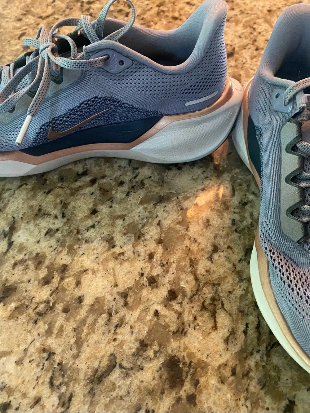 Nike Women's Light Blue and Navy Running Sneakers with Blush Accents